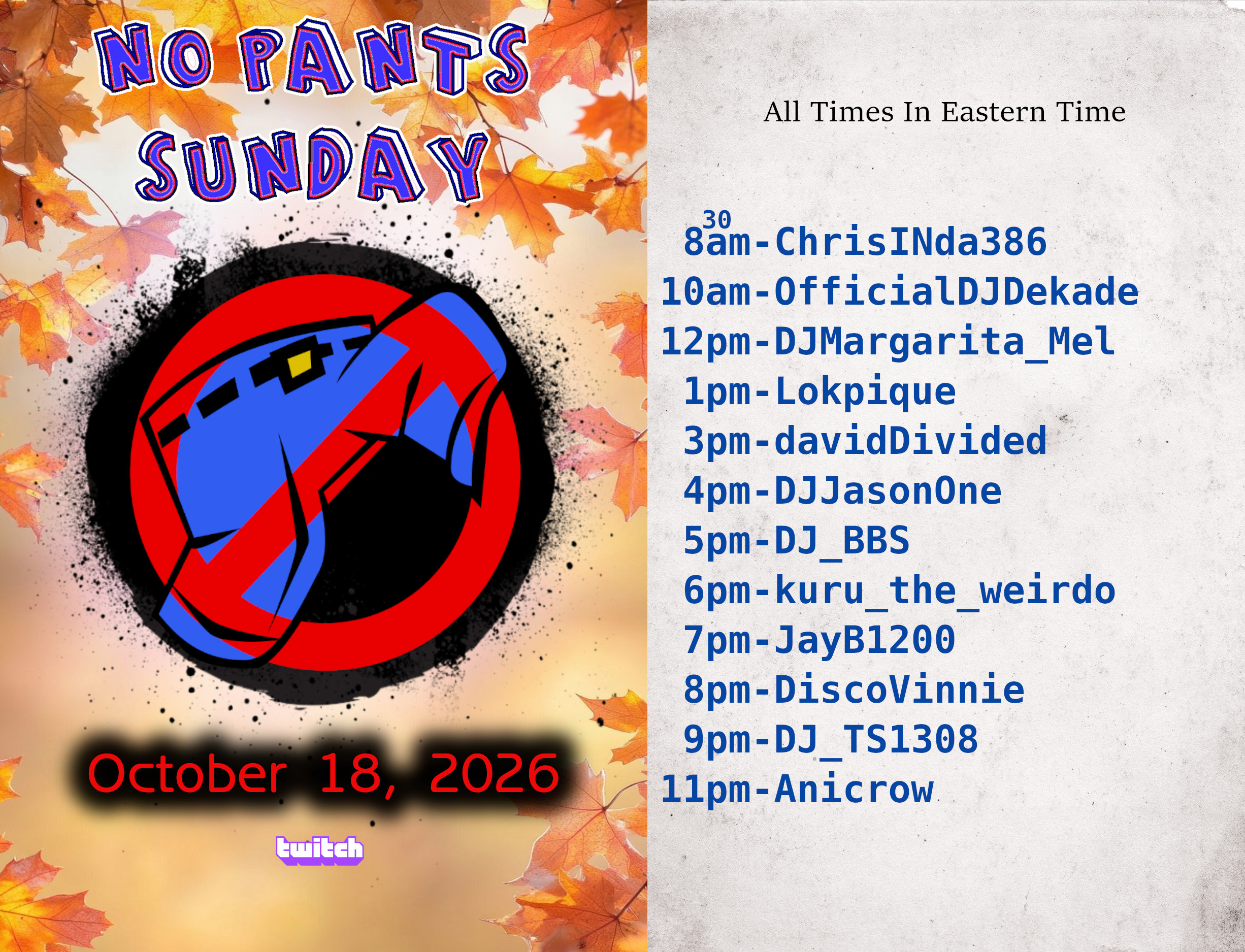 Current weekly Sunday No Pants Raid Train flyer for October 18, 2026